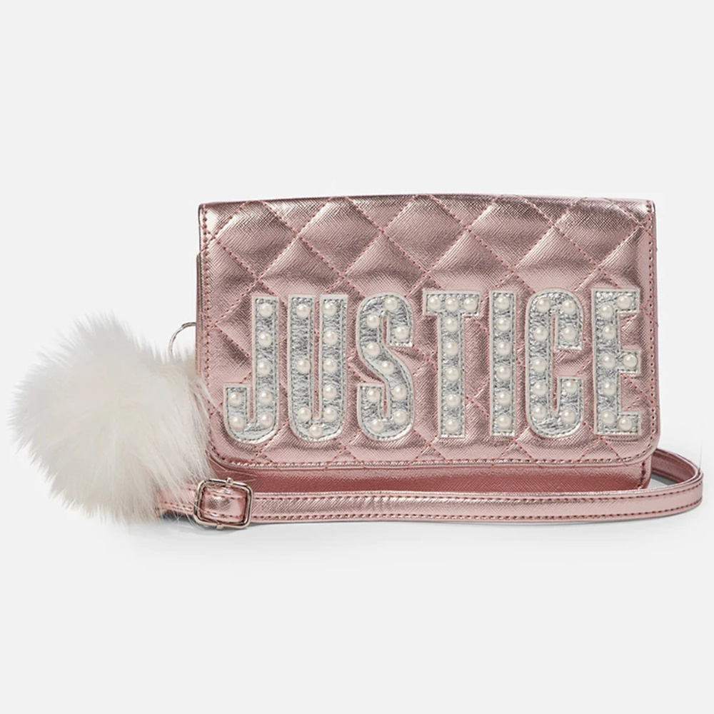 Justice Rose Gold Pearl Logo Quilted Crossbody Bag